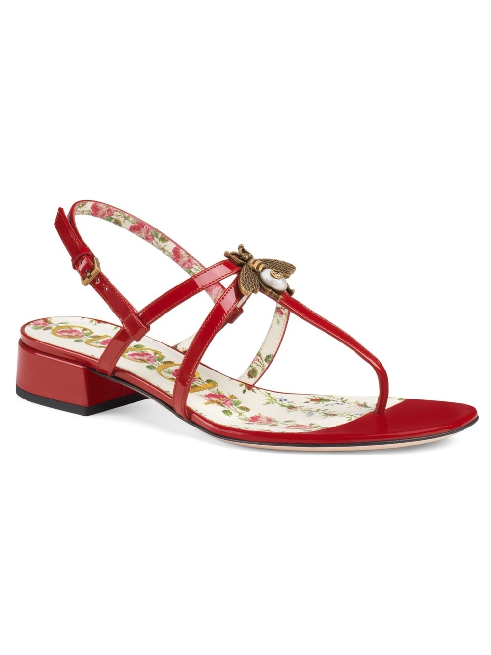 $750 Gucci Vernice Crystal Bee Hibiscus Red Patent Leather Slingback Sandals 6.5
